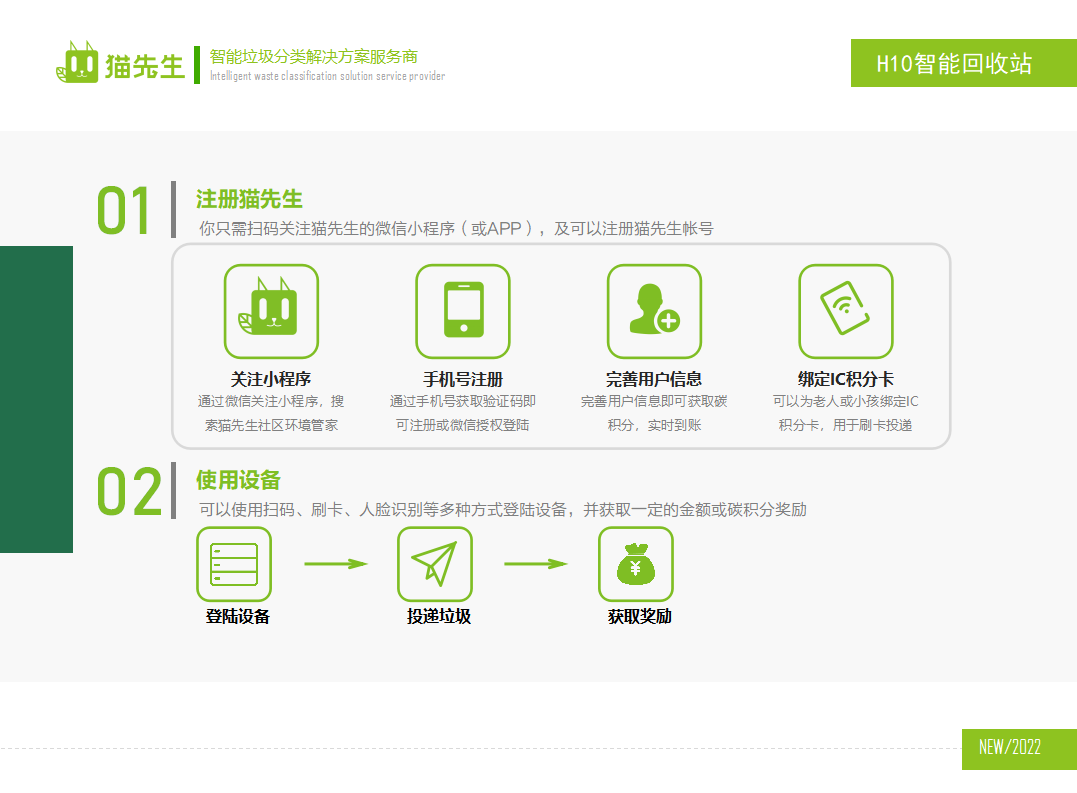 貓先生智能再生資源回收站，廢舊物資回收站，智能再生資源回收箱使用流程，社區(qū)垃圾分類站生產(chǎn)廠家